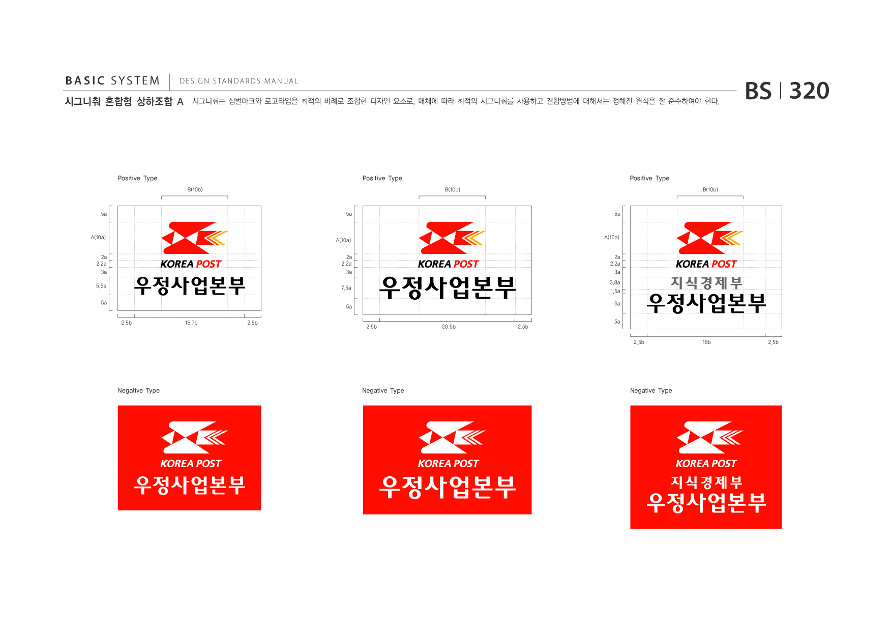 BASIC SYSTEM  DESIGN STANDARDS MANUAL  시그니춰 혼합형 상하조합 A  시그니춰는 심벌마크와 로고타입을 최적의 비례로 조합한 디자인 요소로, 매체에 따라 최적의 시그니춰를 사용하고 결합방법에 대해서는 정해진 원칙을 잘 준수하여야 한다.  BS I 320  Positive Type B(10b)  Positive Type B(10b)  Positive Type B(10b)  5a  5a  5a  A(10a) 2a 2.2a 3a 5.5a 5a 2.5b 16.7b 2.5b  A(10a) 2a 2.2a 3a 7.5a 5a 2.5b 20.5b 2.5b  A(10a) 2a 2.2a 3a 3.8a 1.5a 6a 5a 2.5b 18b 2.5b  Negative Type  Negative Type  Negative Type